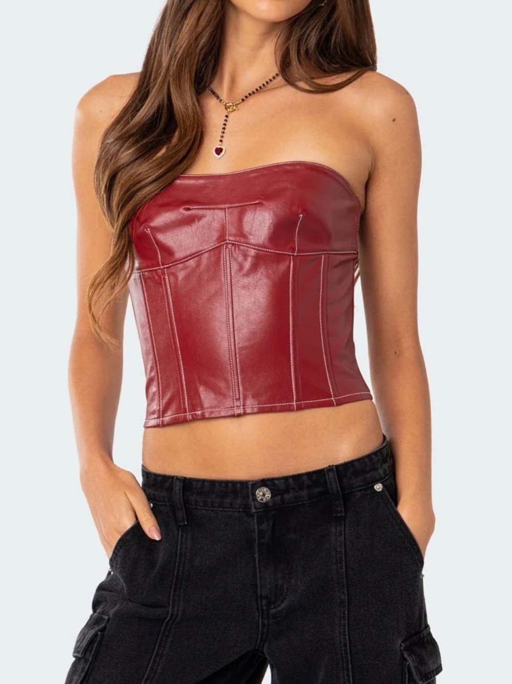 Edikted Red Moss Faux Leather Corset Top